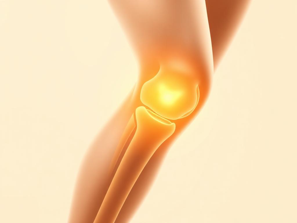 Illustration of a healthy knee joint with glowing cartilage